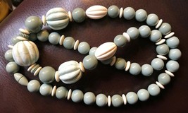 Vtg Estate Heavy Plastic Unusual Sage Color Beaded 28” Necklace Beads Ribbed - £27.09 GBP
