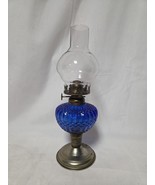 VTG Cobalt Blue Glass Oil Lamp with Metal Base Small Lamp 11.5” - $547.59 MXN