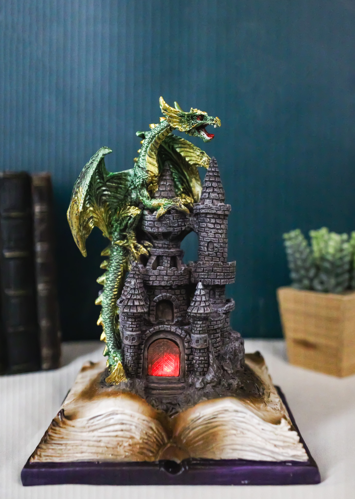 Medieval Green Dragon Perching On LED Castle With Book of Spells Figurine Item image 10