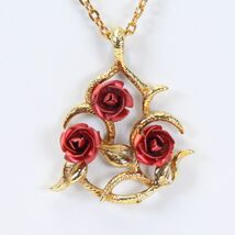 Red Rose Gold Tone Pendant Necklace 18" Chain  1.3" w x 1.7" H - $15.67