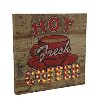Zeckos Hot Fresh LED Lighted Coffee Vintage Finish Canvas Wall Hanging - £20.55 GBP