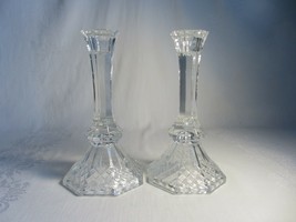 Pair of Clear Pressed Glass Heavy Candlesticks 8 sided Vintage Diamond Pattern - £23.29 GBP