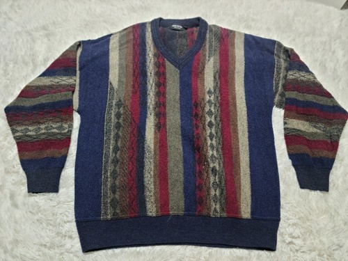80s Riscatto Vneck Wool Blend Geometric Coogi Grandpa XL Sweater Texture... - $18.91