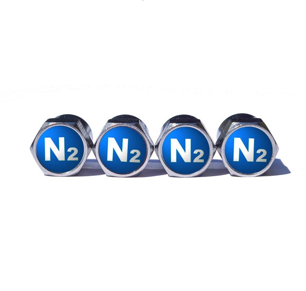 Blue N2 Nitrogen Tire Valve Stem Caps - Brass Alloy - Chrome Coated - Type 1