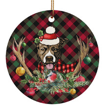 Funny Pitbull Dog With Deer Anlters Plaid Pattern Ornament Gift Decor Ha... - £12.19 GBP