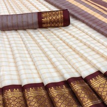 Cotton Silk Saree White And Maroon Checks With Woven Border - £32.03 GBP