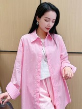 Hot Drilling Design Pink Shirt Women Temperament  Collar Loose Slimming Casual B - £96.65 GBP