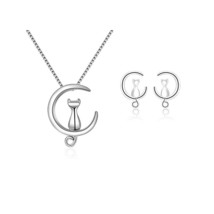 ANENJERY Silver Color Simple Cute Pet Cat Moon Jewelry Set Animal Necklace And E - £16.81 GBP