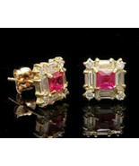 Solid 14K Yellow Gold Over 1.89Ct Princess Red Ruby Halo Stud Earrings P... - £32.96 GBP