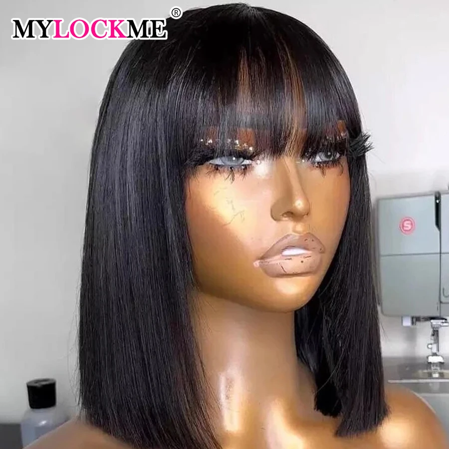 Short Bob Wig With Bangs Straight Hair Bob Wigs Brazilian Human Hair Wig... - $37.16+