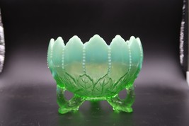 Antique Northwood Green Opal Carnival Glass Leaf &amp; Beads 3-Footed Rose Bowl - $45.00