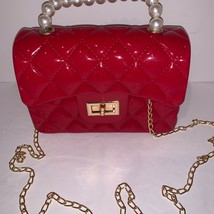 Womens Red Mini Jelly Hand Bag Pearls Top Handle Faux Quilted Crossbody Bag - £18.83 GBP