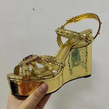 Gold Rhinestone Sandals Woman Open Toe Silver Slingback Platform Wedges High Hee - £136.77 GBP