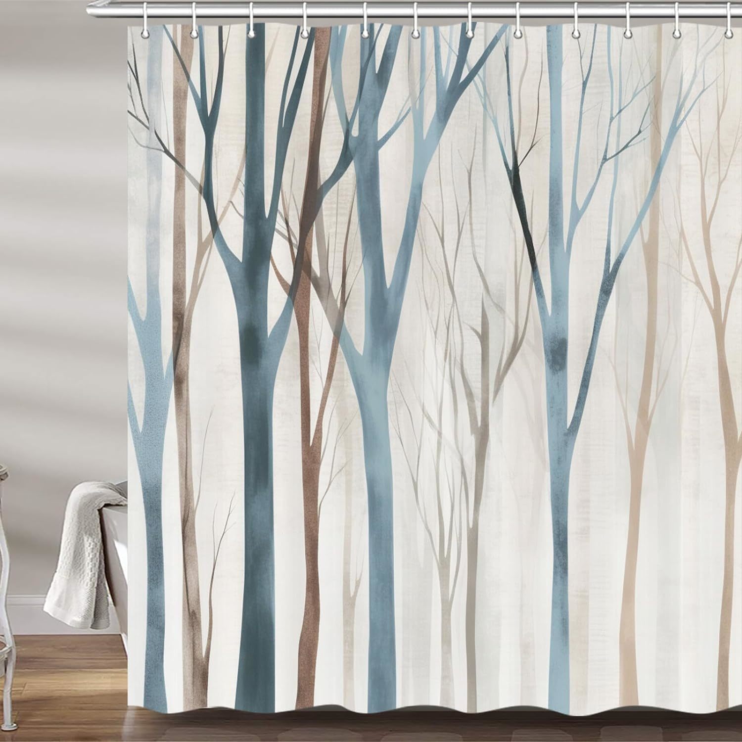 Blue And Brown Birch Tree Shower Curtain, Beige Tan Forest Abstract Art Rustic F
