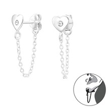 925 Silver Heart Stud Earrings with Hanging Chain and Crystals - £11.95 GBP