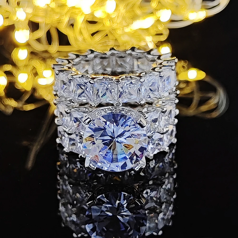 silver color bride Wedding Rings Set  Princess Cut Cz For Bridal Women Engagemen - £18.90 GBP