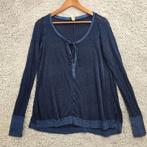 We The Free People Open Weave Henley Top Women Medium Blue Lightweight Oversized - $27.55