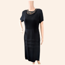 Vintage 40s Black Dress Beaded Neck Evening Short Sleeve M - £42.17 GBP