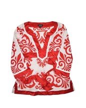 Bebe Kimono Top Womens L Red White Silk Trim Belted V Neck Pullover Blouse - £20.59 GBP