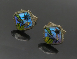 925 Sterling Silver - Vintage Enamel Panama Island Scene Cufflinks - TR2431 - £41.06 GBP