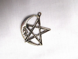 Man In The Moon Crescent And 5 Point Pentagram Star Pewter Pendant Adj Necklace - £8.03 GBP