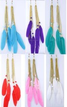 1 PAIR SPRING CLIP-ON Colored FEATHER+Bead+Rhinestone DANGLE EARRINGS Go... - $112.45 MXN
