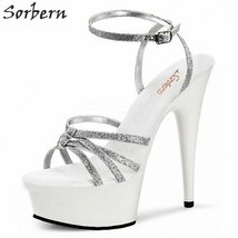 Silver Glitter Women Sandal Spike High Heels Summer Shoes Platform Heels Womens  - £116.99 GBP