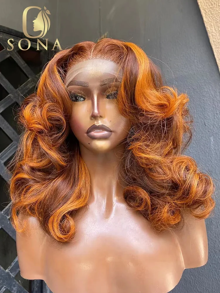 Body Wave Ginger Orange Brown Highlight 13x6 Lace Front Wigs Colored Wig 13 - £84.92 GBP+