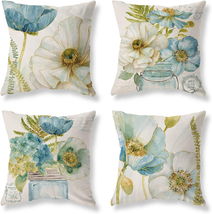 White Blue Flower Throw Pillow Covers 18X18 Set of 4 Farmhouse Floral Pillow Cov - £27.96 GBP