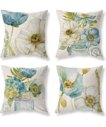 White Blue Flower Throw Pillow Covers 18X18 Set of 4 Farmhouse Floral Pi... - £27.74 GBP