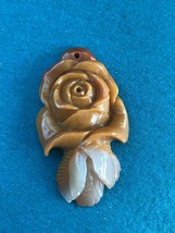 Finely Carved Mustard Orange Dimensional ROSE Flower w Cream Leaves Ston... - £30.42 GBP