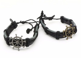 Black Adjustable Leather Bracelet with a Helm Boat Wheel Design - £7.96 GBP