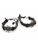 Black Adjustable Leather Bracelet with a Helm Boat Wheel Design - $13.70 CAD