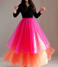 Hot Pink Red Tiered Tulle Maxi Skirt Outfit Women Plus Size Pleated Tulle Skirt image 6