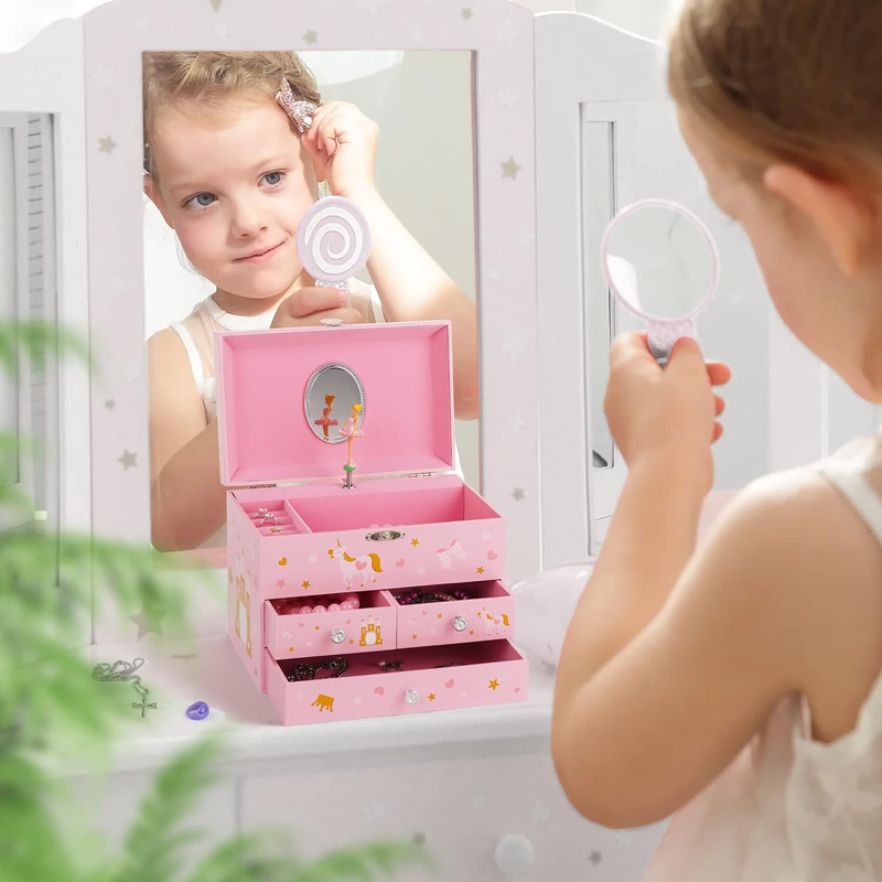 Musical Jewelry Box for Girls 8.07 X 5.12 X 6.14 with 3 Pullout Drawers Spinning Item image 6