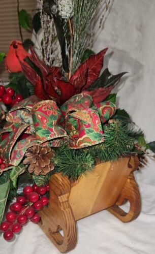 Wood Sleigh Holiday Christmas Centerpiece Decoration Holly Cardinal Pretty Item image 5