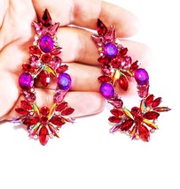 Fuchsia Red Drop Earrings, Bridesmaid Rhinestone Earrings, 3 Inch Pageant Jewelr - £32.59 GBP