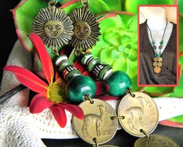 Vintage Necklace Peruvian Peru Sol De Oro Coins Bead Sun Llama Leather - £15.72 GBP