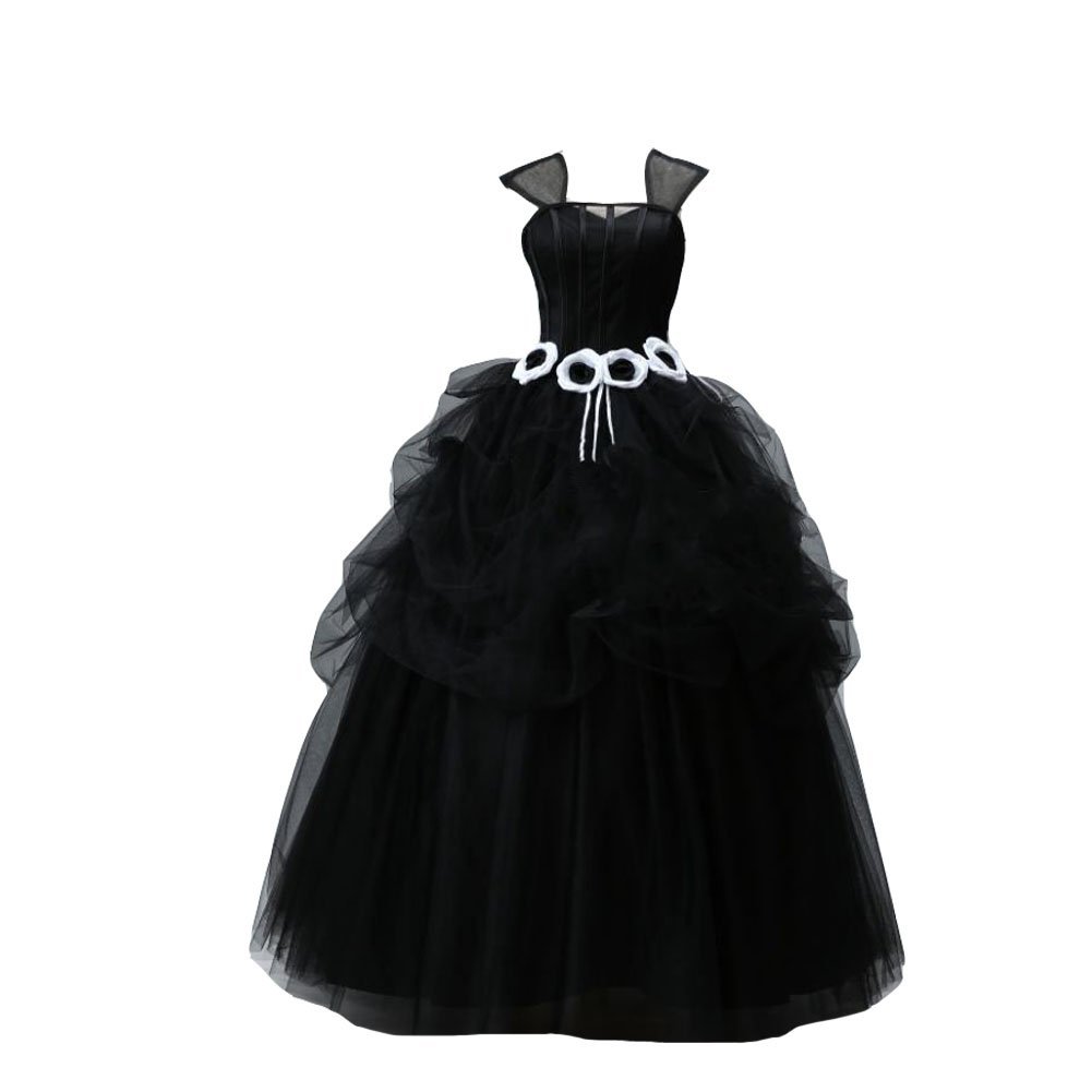 Kivary? Women's Black Tulle Ball Gown Pick up Floral White Sheer Cap Sleeves Got