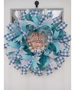 Daisy Welcome Wreath  Blue &amp; White Mesh Floral Front Door Decor - $59.99