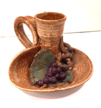 VTG Art Studio Pottery Candle Holder Grape Cluster Taper Signed Detailed - £28.40 GBP