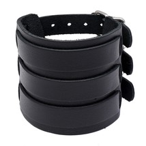 New Fashion Genuine Leather Wide Cuff Bangles Punk Vintage Three Layers Wide Bla - £13.19 GBP