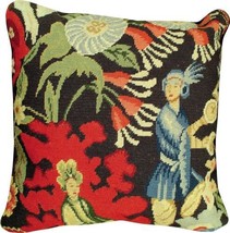Throw Pillow Needlepoint St. Cyr 18x18 Black Cotton Velvet Wool Removable - £228.35 GBP