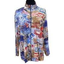 Chicos Blue Nautical Map Compass Full Zip Stretch Knit Jacket Size 3 - £38.36 GBP