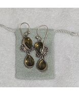 VTG Sterling Silver Olive Green Quartz Dangle Drop Earrings Ornate Scrol... - $116.16 CAD