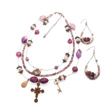 Multi Layer Floating Bead 15&quot; Necklace Pierced Earring Set Copper Tone Charms - £10.34 GBP