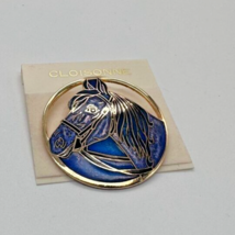 New SITI Cloisonne Horse Head 1.5&quot; Circle Brooch Purple Enamel Gold Tone... - £23.29 GBP