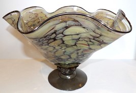Gorgeous Artist Art Glass MULTI-COLOR Ruffled 15&quot; Statement Bowl In Metal Base - £367.90 GBP