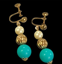 Vintage Faux Pearl Turquoise Gold Tone Beads Screw Back earrings - $20.00