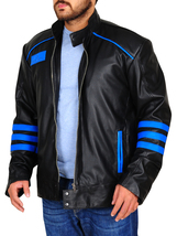 Men Black Biker Blue Racing Striped Motorbike Genuine Leather Handmade J... - £125.80 GBP